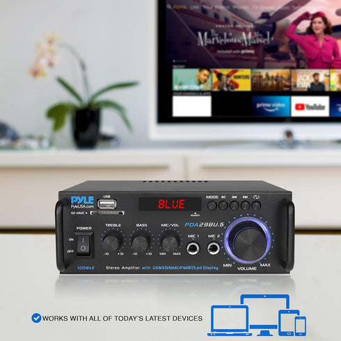 Pyle Wireless Bluetooth Stereo Power Amplifier, 200W 2 Channel Audio Receiver with RCA, USB, SD, MIC IN, FM Radio for