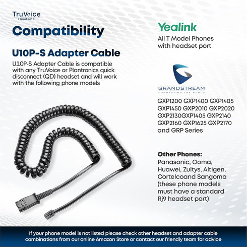 TruVoice U10P-S Adapter for Plantronics and TruVoice Quick Disconnect (QD) Headsets - RJ9 Jack is Compatible With Yealink, Grandstream and Snom Desk Phones