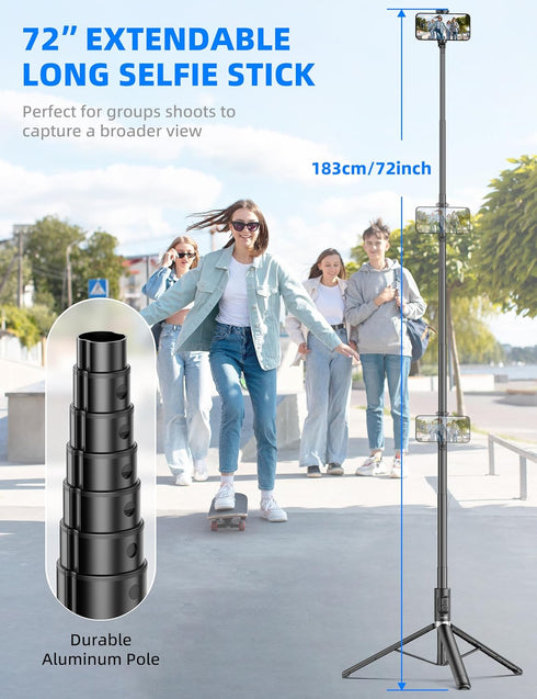 SelfieShow 72" All-in-1 17/16/15/14/13/Android Cell Phone Selfie Stick Tripod, Aluminum Selfie Stick with Integrated