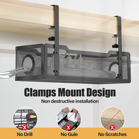 Under Desk Cable Management Tray Black, Cinati Cable Tray with Clamp for Desk Wire Management, No Damage
