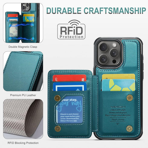 iPhone 15 Pro Wallet Case with Card Holder, RFID Blocking, Durable Kickstand Shockproof Phone Case for Women Men