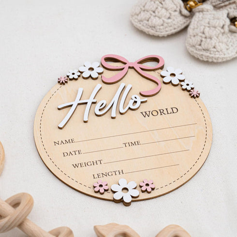 6 Inch Wooden Baby Announcement Sign Round Birth Stat Plaque with Floral and Bow Design (Hello World)