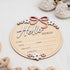 6 Inch Wooden Baby Announcement Sign Round Birth Stat Plaque with Floral and Bow Design (Hello World)