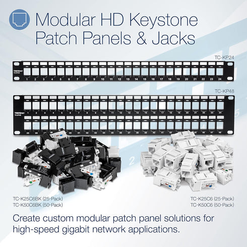 24-Port 1U 1U 19" Recommended TC-K25C6 TC-K50C6 Cat6 TC-KP24 TRENDnet Blank Keystone Patch Panel, Metal Rackmount