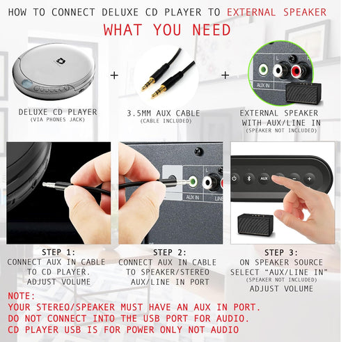 Portable CD Player with 60 Second Anti Skip, Stereo Earbuds, Includes Aux in Cable and AC USB Power Cable for Home or