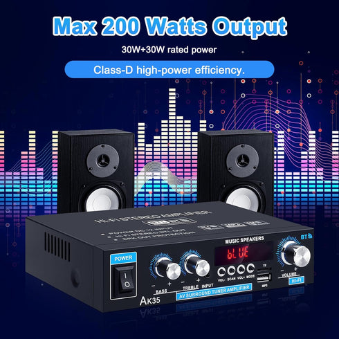 Home Audio Amplifier AK-35 HiFi Bluetooth 5.0 Mini Stereo Power Amp Receivers, 2.0 Channel RMS 30W x 2