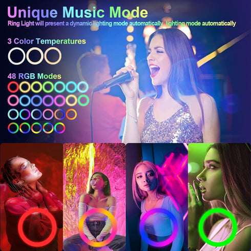 13" Selfie Ring Light with 63" Tripod Stand & 3 Phone Holders, LED Camera Ringlight with RGB Colors for Makeup/Videos