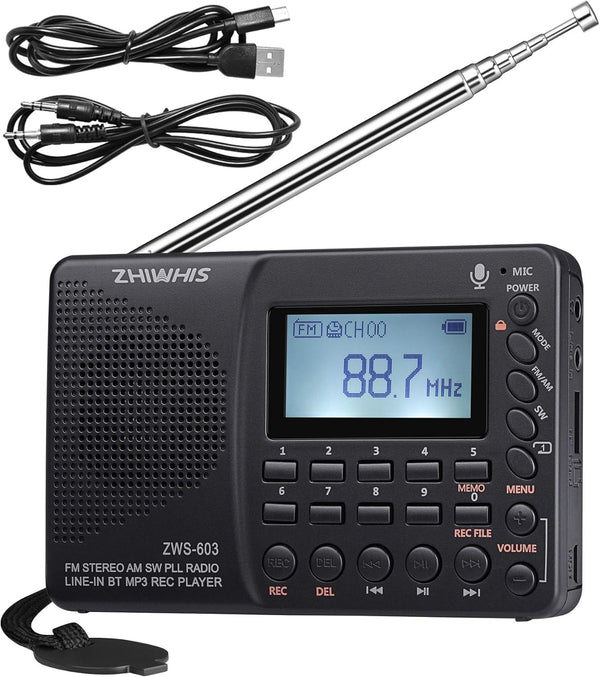 ZHIWHIS Portable Bluetooth Radio, Rechargeable Digital Recorder, FM AM Shortwave, Stereo MP3 Player with Lyric Display