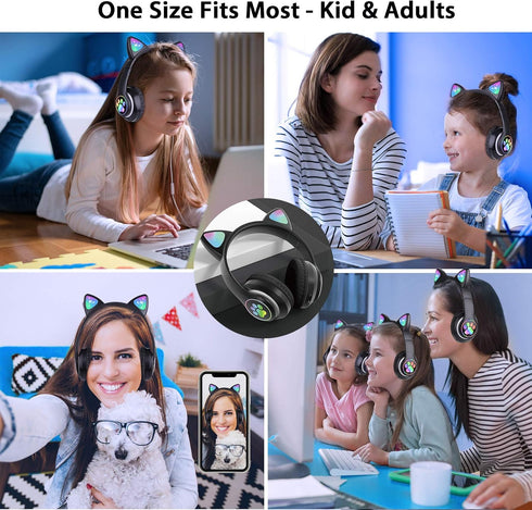 Wireless Headphones Cat Ear LED Light Up Bluetooth Foldable Headphones Over Ear w/Microphone for Online Distant Learning (Black)