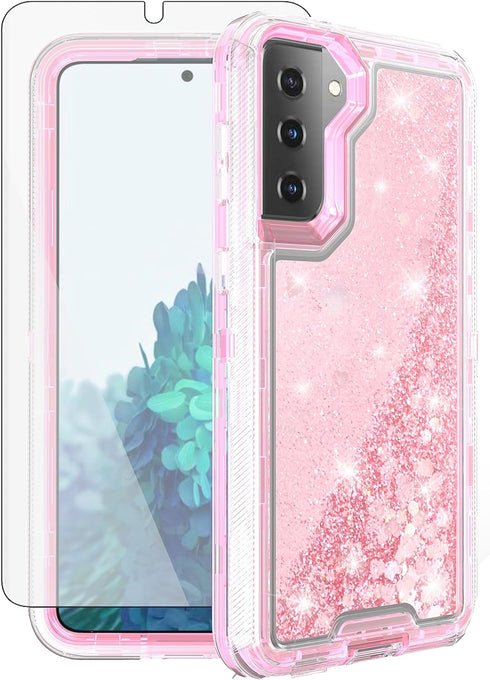 Asuwish Samsung Galaxy S21 5G Case - 6.2" Bling Liquid Glitter, Clear Hybrid TPU, Military Grade, Heavy Duty, Pink for