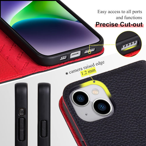 VISOUL 15 15(6.1-inch)(Black+Red) Folio Case Compatible with iPhone Wallet Case with Card Holder, Pebbled Real Leather