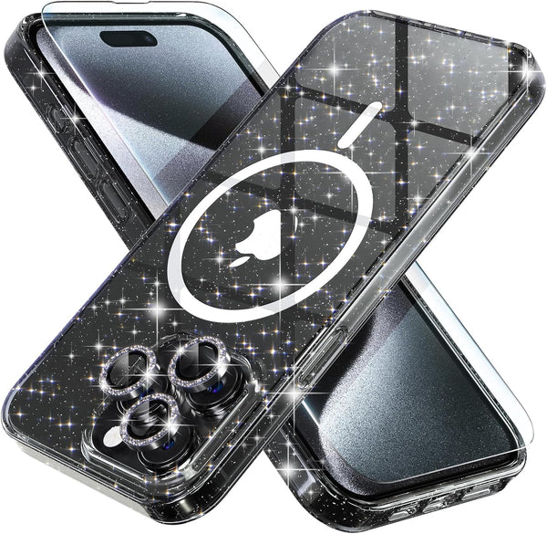 iPhone 15 Pro Max Case by Choiche, Glitter Black, Magnetic, Sparkly, with 3x Diamond Lens & 2x Tempered Glass