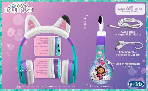 eKids Gabbys Dollhouse Kids Wireless Headphones - Bluetooth Headphones with Microphone for School & Travel