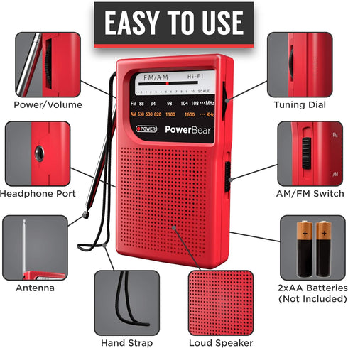 PowerBear Portable Radio | AM/FM, 2AA Battery Operated with Long Range Reception (Red)