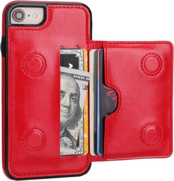 KIHUWEY Wallet Case for iPhone SE, 7/8 - Premium Leather with Credit Card Holder, Durable Shockproof Cover (Red)