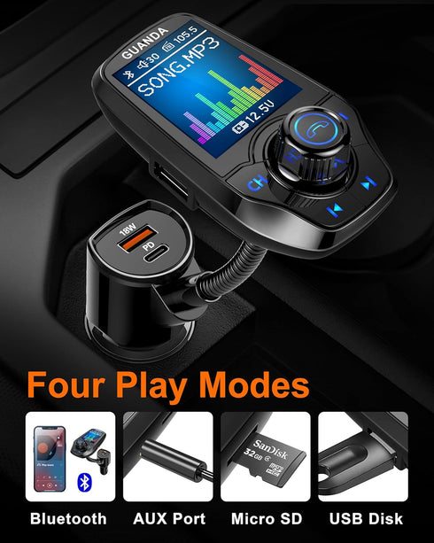 Upgraded Bluetooth FM Transmitter for Car, Wireless Radio Adapter Kit with 1.8" Color Display, Hands-Free Call, USB