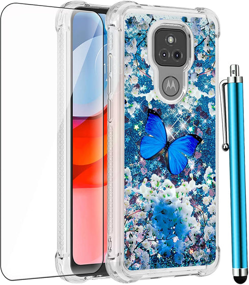 Moto G Play 2021 Case with Tempered Glass Screen Protector - Glitter Bling Floating Liquid Sparkle Soft TPU Case, Blue