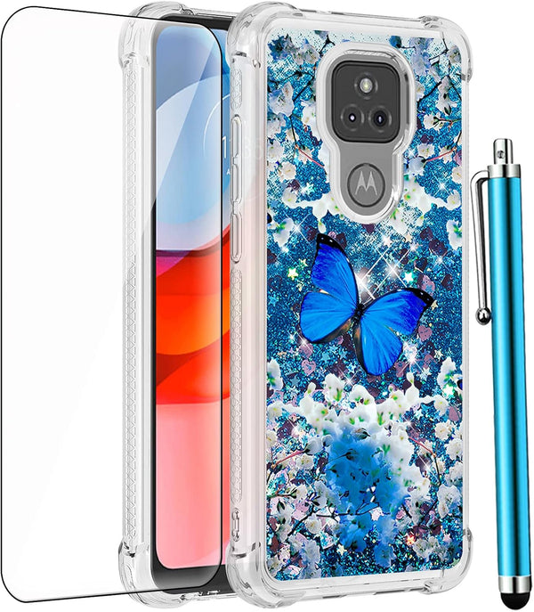 Moto G Play 2021 Case with Tempered Glass Screen Protector - Glitter Bling Floating Liquid Sparkle Soft TPU Case, Blue