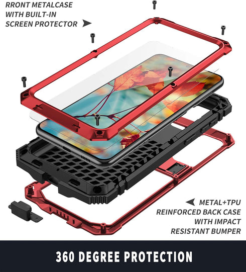 Samsung Galaxy S21 Case Compatible, Heavy Duty Aluminum Metal Waterproof Shockproof Protector Cover Hard Case (Red)
