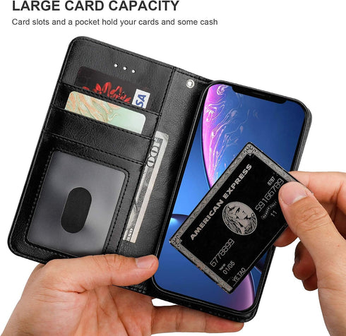 Bocasal iPhone Xr Wallet Case, PU Leather Magnetic Detachable Kickstand, Shockproof, Black