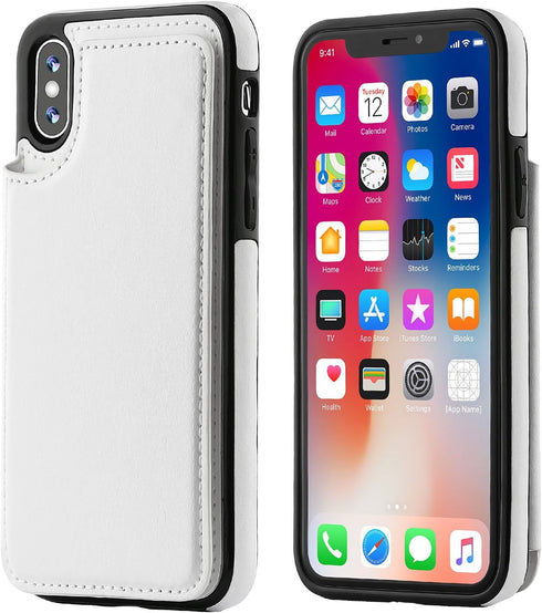 iPhone Xs iPhone X Wallet Case, Premium PU Leather Kickstand with Card Holder, Double Magnetic Clasp (White)