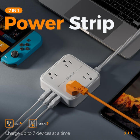Flat Plug Surge Protector Power Strip, TESSAN 5 ft Extension Cord with 4 Outlets and 3 USB Ports, 900J Surge Protector