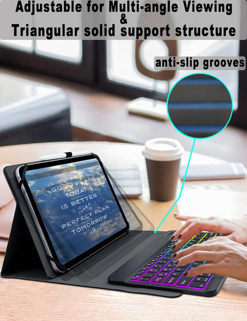 Universal Tablet Keyboard Case - 9.7" to 11" Tablets, 7 Color Rainbow Backlit Removable Keypad with Pen Holder - Black
