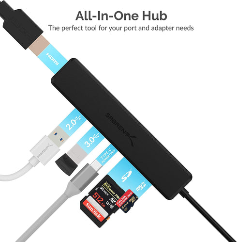SABRENT Multi-Port USB Type-C Hub with 4K HDMI, Power Delivery 60 Watts, USB 3.0, USB 2.0, SD/microSD Card Reader