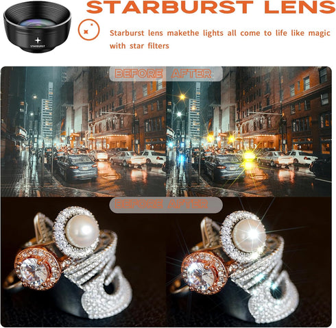 5-in-1 Smartphone Lens Kit - 120° Wide-Angle, 210° Fisheye, 25X Macro, Starburst, Hexagonal Kaleidoscope