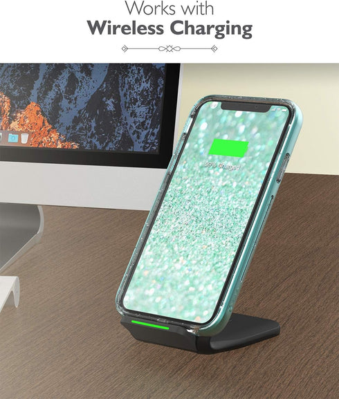 VENA vLove Teal Glitter Clear Case, Compatible with Apple iPhone 11 (6.1"-inch 2019), Heart Shape Dual Layer