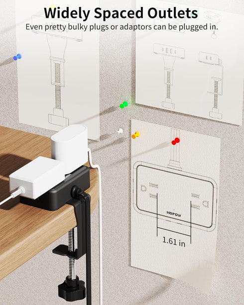HOPOW 4 4 (2 10Ft 2.75" Desk Clamp Power Strip, Desktop Mount Charging Station with Outlets USB Ports USB C), Under