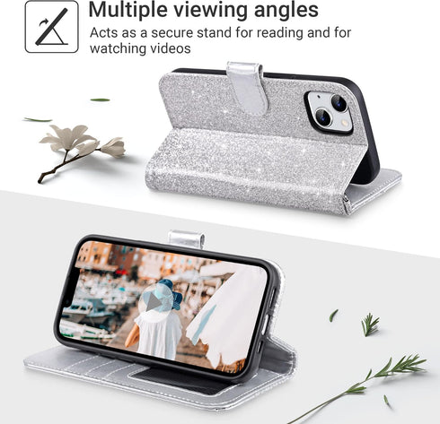 ULAK Wallet Case for iPhone 14 Plus, Card Holder, Flip Case for Women, PU Leather Kickstand, Shockproof, Silver