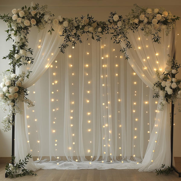EMHOLDBU White Tulle Backdrop Curtain with Lights String 10x8ft Sheer Drapes for Wedding,