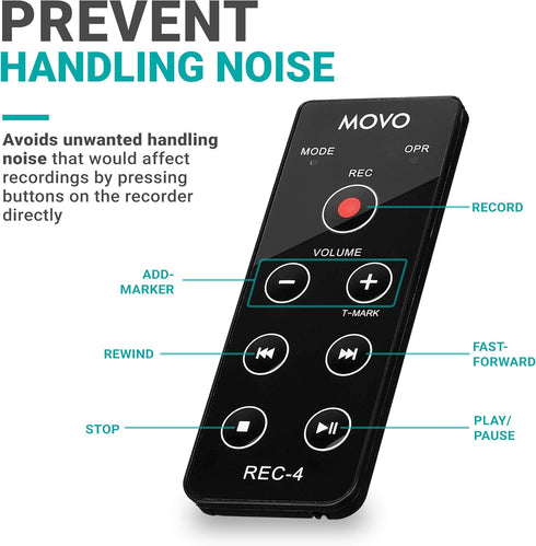 Movo REC-4 Wired Remote Control for Zoom H2n, H4n Pro, H5, H6 Portable Digital Handy Recorders - Compatible with Sony