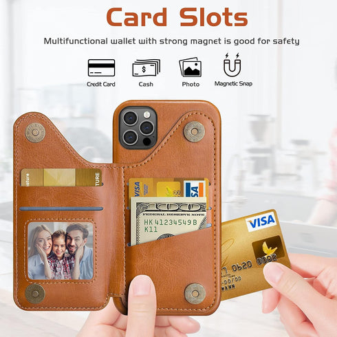 LOHASIC Wallet Case for iPhone 12 Pro Max, 5 Card Holder, Premium PU Leather, Magnetic Clasp, Brown