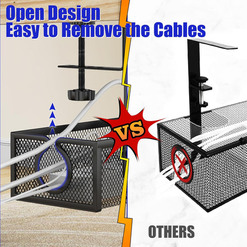 REFLYING Under Desk Cable Management Tray, Black Metal Long Arms, No Drill Mesh Desk Cable Tray for Office Organization