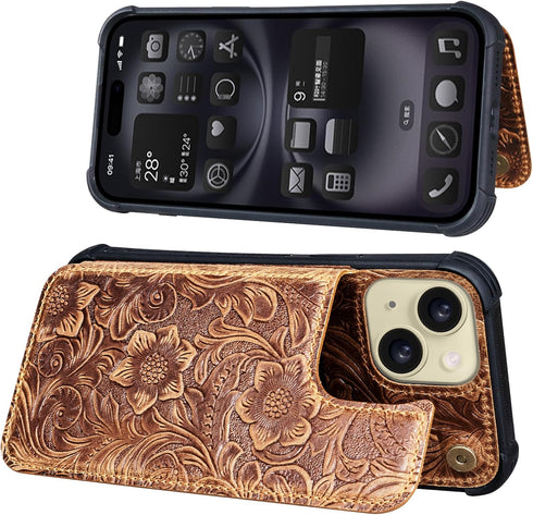 RMAWRAD 15 6.1" Wallet Real Leather Case Compatible with iPhone Genuine LeatherShockproof, Anti-Fall Case, Flip Cover