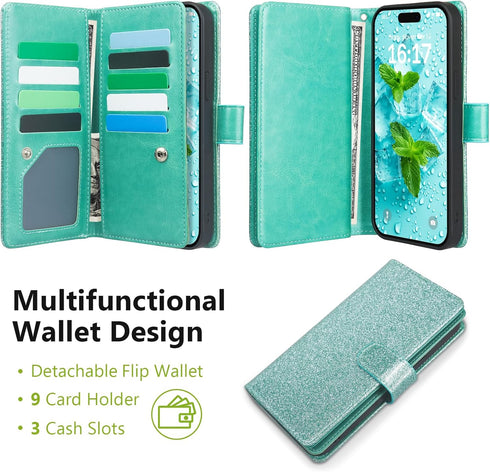 Varikke Wallet Case for iPhone 13 Pro Max, Fashion Glitter Leather Strap, Magnetic Flip Cover, Mint Green