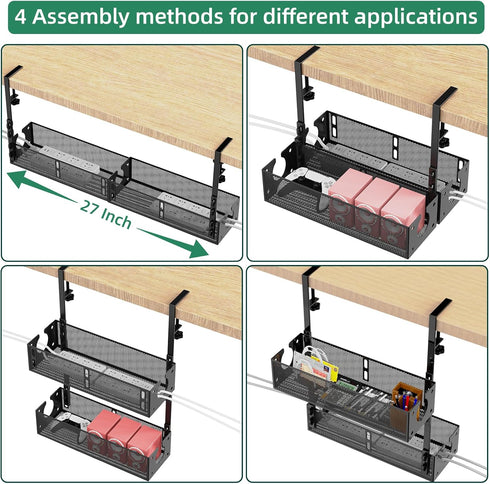 Multi-Model Under Desk Cable Management Tray 2 Packs, Metal Wire Management Clamp for No Damage to Desk (Black)