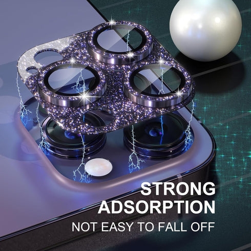 Bling Camera Lens Protector for iPhone 14 Pro/Pro Max - 9H Tempered Glass with Metal Ring, Glitter-Purple.