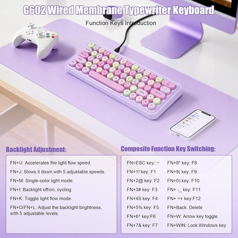 HongCai 65 Wired RGB Creamy Typewriter Keyboard. Percent Retro LED Membrance Gaming Keyboard. Small Ergonomic Optical