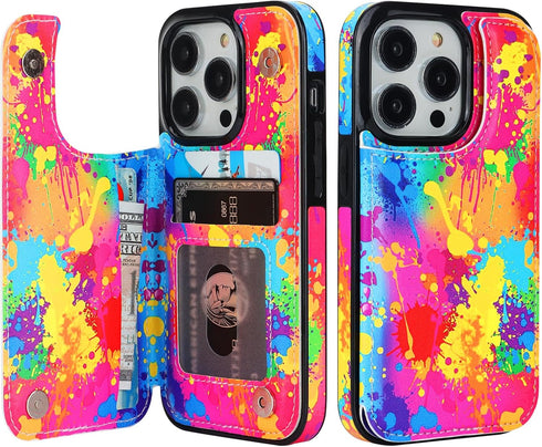 HAOPINSH iPhone 14 Pro Wallet Case with Card Holder, Colorful Graffiti Pattern Back Flip PU Leather Case for Women Girls