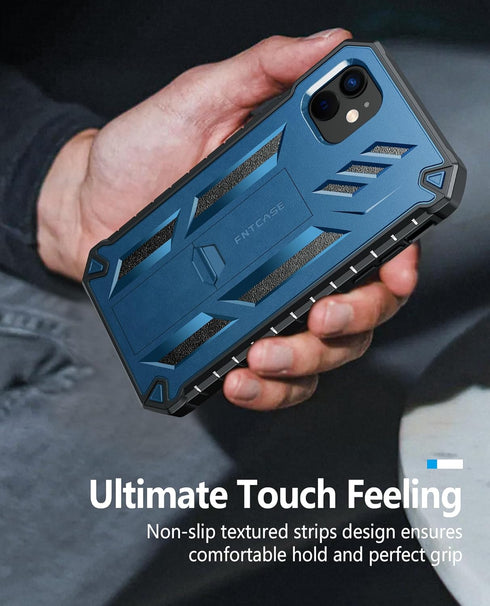FNTCASE iPhone 11 Case: Shockproof Military Grade, Dual Layer Protection, Kickstand, Matte Textured, 6.1" Blue.