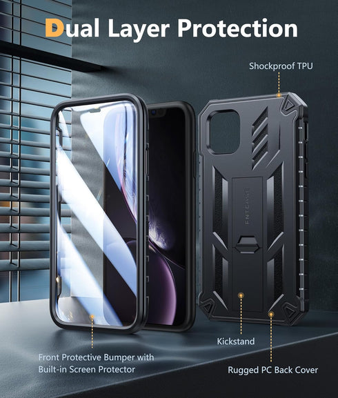 FNTCASE iPhone XR Case: Rugged Black Military Grade Shockproof Cover with Kickstand - Matte Textured Heavy Duty
