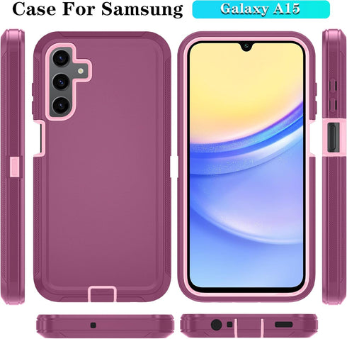 Qinmay 3-Layer Shockproof Phone Cover for Samsung Galaxy A15 5G with HD Screen Protector, WinRedPink