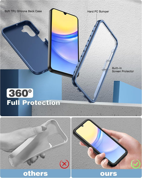 FNTCASE Samsung Galaxy A15-5G Case, Rugged Shockproof Silicone Cover with Built-in Screen Protector (Blue)