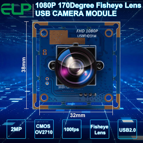 ELP 170-degree Fisheye Lens USB Camera with 1080p HD Resolution, OV2710 CMOS, 2 Megapixel High Speed Mini Camera