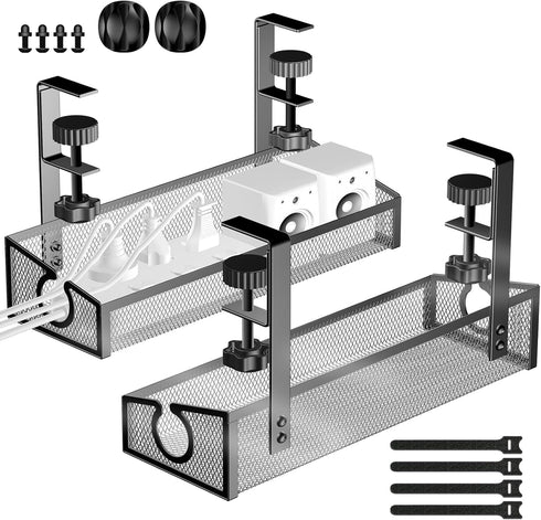 Under Desk Cable Management Tray, No Drill Desk Organizer with Clamp for Wire Management, 2 Pack