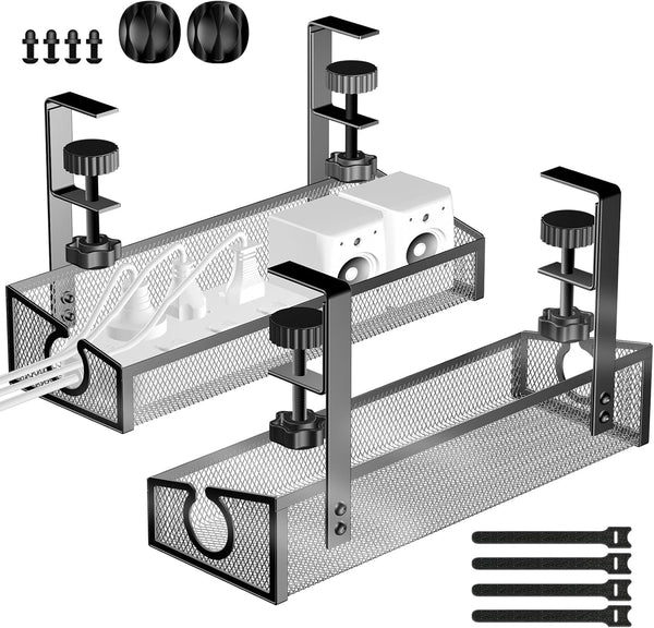 Under Desk Cable Management Tray, No Drill Desk Organizer with Clamp for Wire Management, 2 Pack