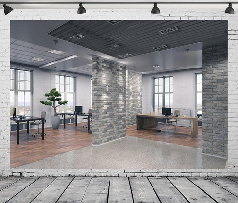 BELECO 7x5ft Fabric Modern Office Backdrop for Video Conference - Elegant Business Interior Brick Wall Windows Virtual